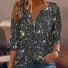 Женская рубашка с круглым вырезом на молнии с полузастежкой и длинным рукавом, пуловер, топы, сверкающие