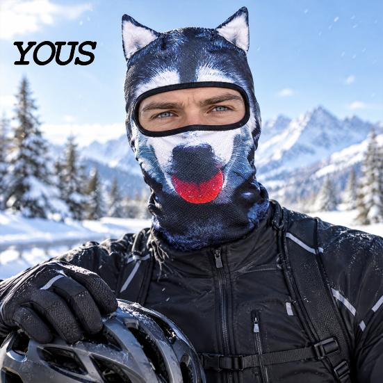 Full Face Mask 3D Animal Ears Balaclava, Cat Dog Snow Leopard for Cosplay Halloween, Cover Outdoor Cycling Skiing Print