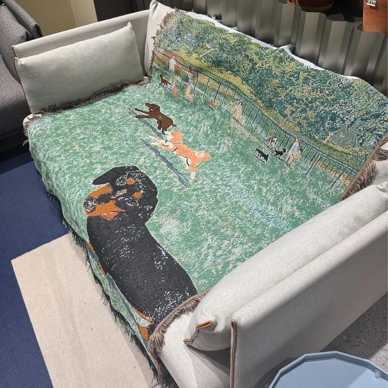 Korean Style Cats Dogs Blankets for Beds Retro Art Bedroom Decoration Tapestry Cute Animals Picnic Blanket Outdoor Camping Mat
