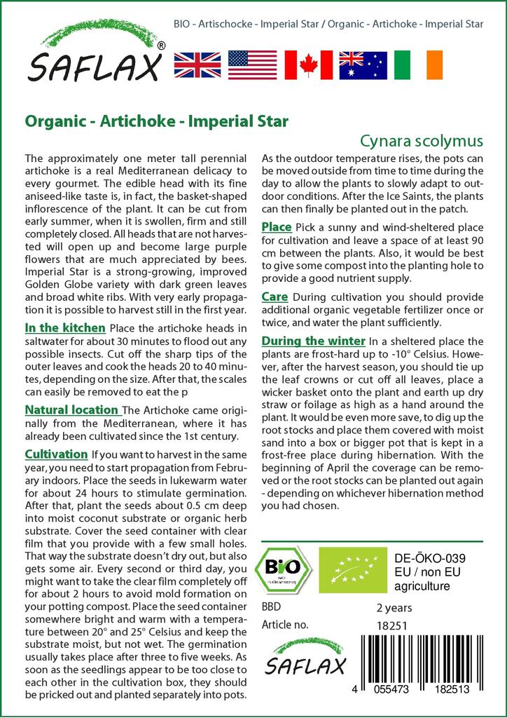 SAFLAX Garden in the Bag - Органический - Артишок - Imperial Star - 5 семян - С субстратом в подходящем пакете - Cynara scolymus