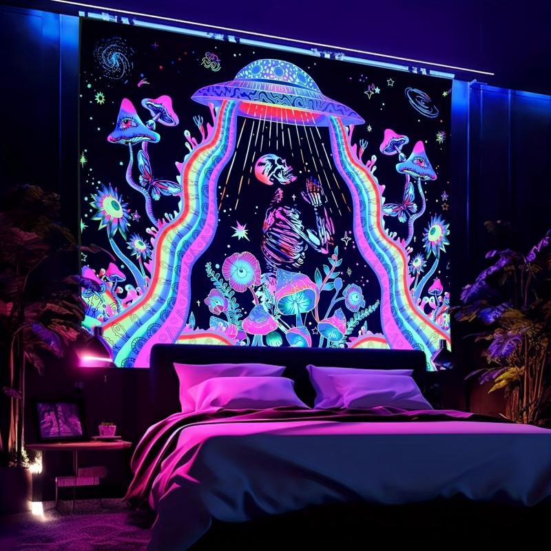 VIKAMA Psychedelic Vaporwave GlowintheDark Tapestry Skull UFO and Mushroom Bedroom Headboard Wall Decoration