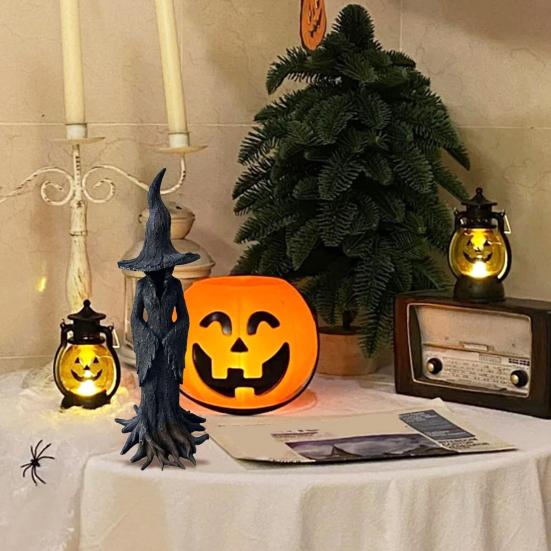 Halloween Tree Root Witch Statue Spooky Black Witch Figurine Resin