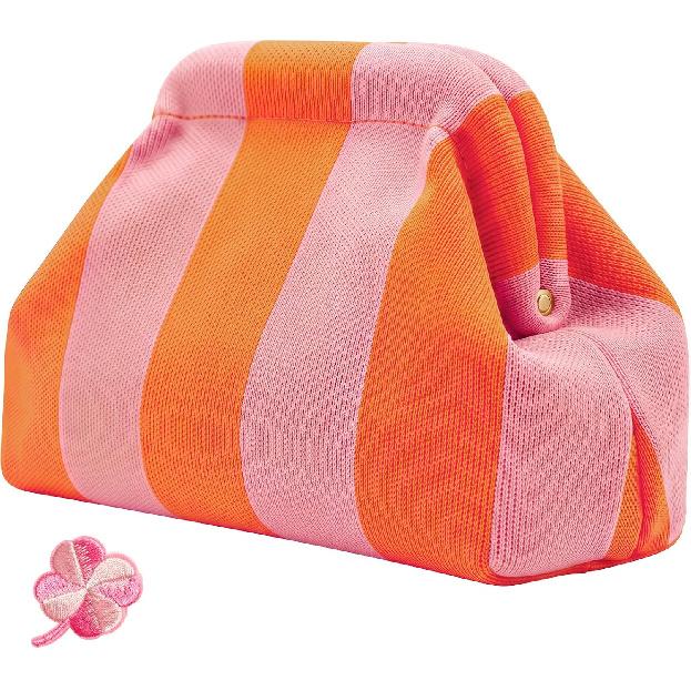 Woven Clutch Purses for Women, Summer Beach Crochet Striped Dumpling Bag Evening Handbag with Romantic Lucky Clover