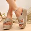 Массивные сандалии на платформе с большим стразом между пальцев Женские Летние 2025 Высокие клиновидные каблуки Черные блестящие шлепанцы Женские Плетеные сандалии 43