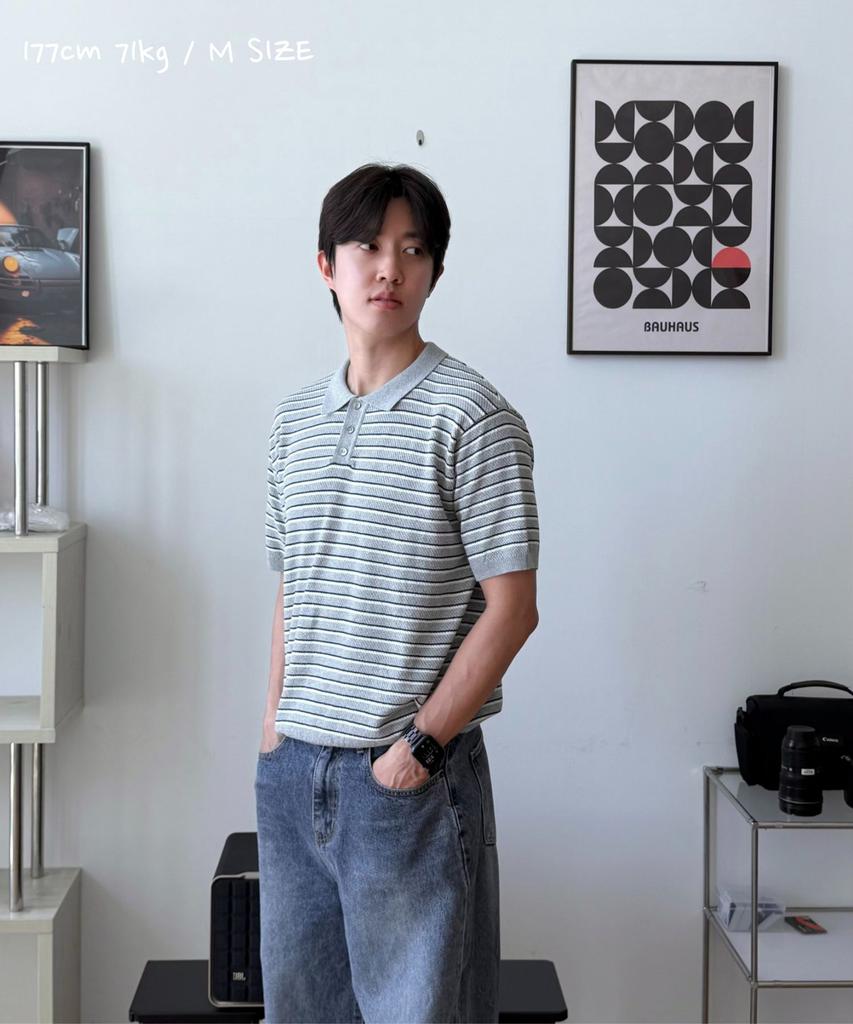 CUZNELLO Multi-Stripe Polo Short Sleeve Knit_Gray