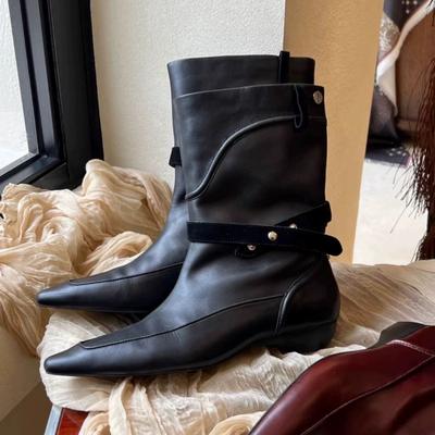 Версия из овчины~ ретро нишевые остроносые каблуки ковбойские сапоги средней высоты женские новые тонкие сапоги короткие сапоги