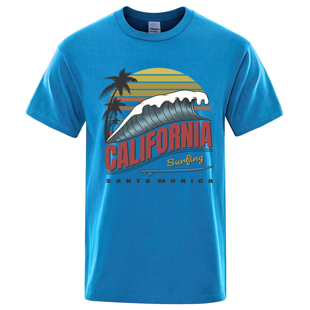 California Surfing Santa Monica Beach Printed Clothes Men Breathable Oversize T-Shirt Summer Cotton Tee Clothes Crewneck T-Shirt