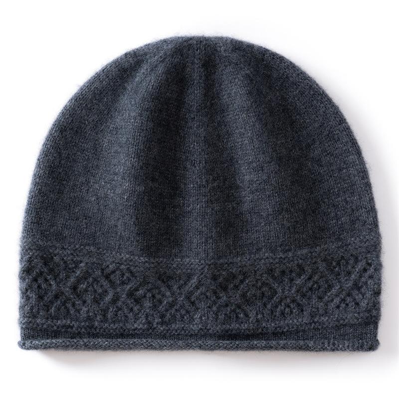 New cashmere blended rolled edge hollow warm knitted dome cashmere cap