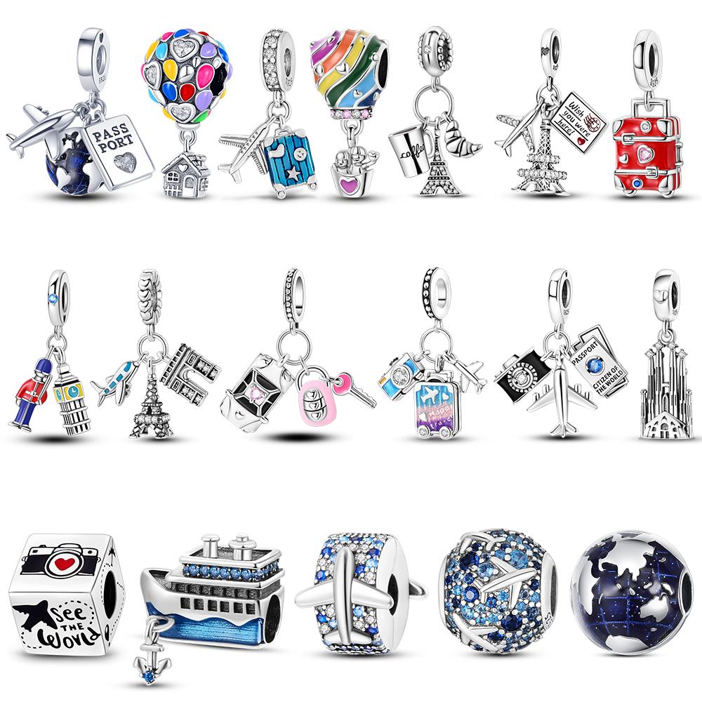 Fit Bracelet Charms Diy 925 Silver Travel Airplane Luggage Air Balloon Charm Beads Jewelry Gift