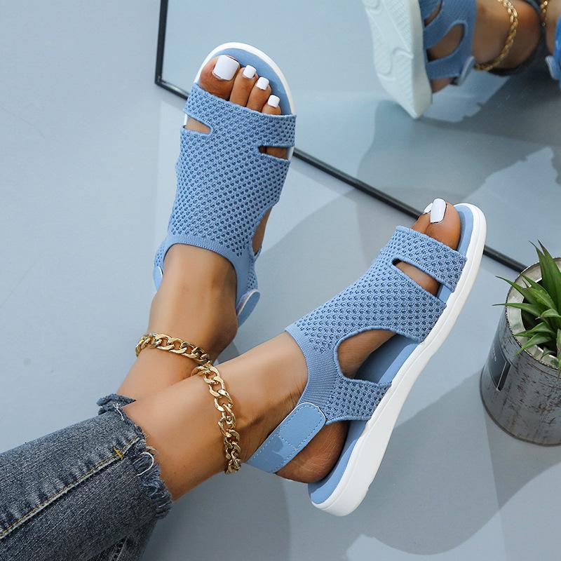 Summer Velcro Fly-woven Elastic Cloth Fish Mouth Sandals Women's Breathable Large Size Hollow Rhinestone Sandals Siz-3