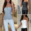 Women Sexy Tube Tops Bandeau Sleeveless Tops Zipper Placket Slim Fit Solid Color Party Tops Streetwear