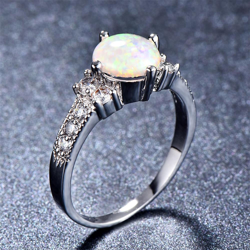 Классические кольца с четырьмя когтями и круглым камнем из белого огненного опала для женщин, винтажное цветное обручальное кольцо, помолвочное обещание, ювелирные изделия, подарки