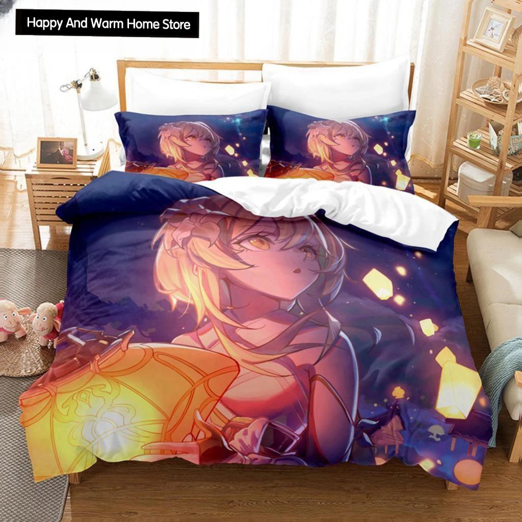 3D-принт аниме Genshin Impact Lumine пододеяльник мультфильм девочка постельное белье комплект двуспальная кровать комплект для настройки домашний текстиль