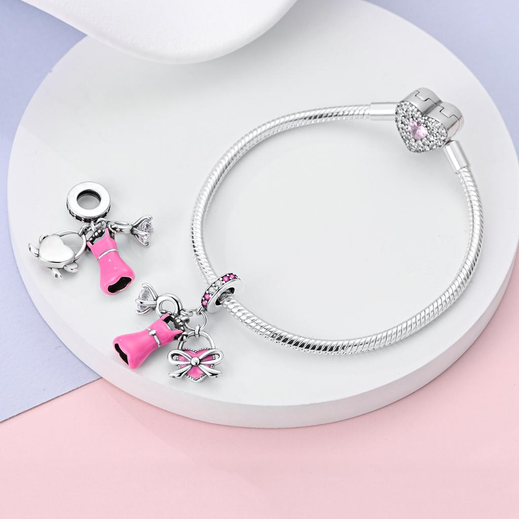 925 Silver Pink Ballet Shoes Ballet Set Charms Fit Original Charm Bead Pendent Dangle Bracelet DIY Women Jewelry Gift