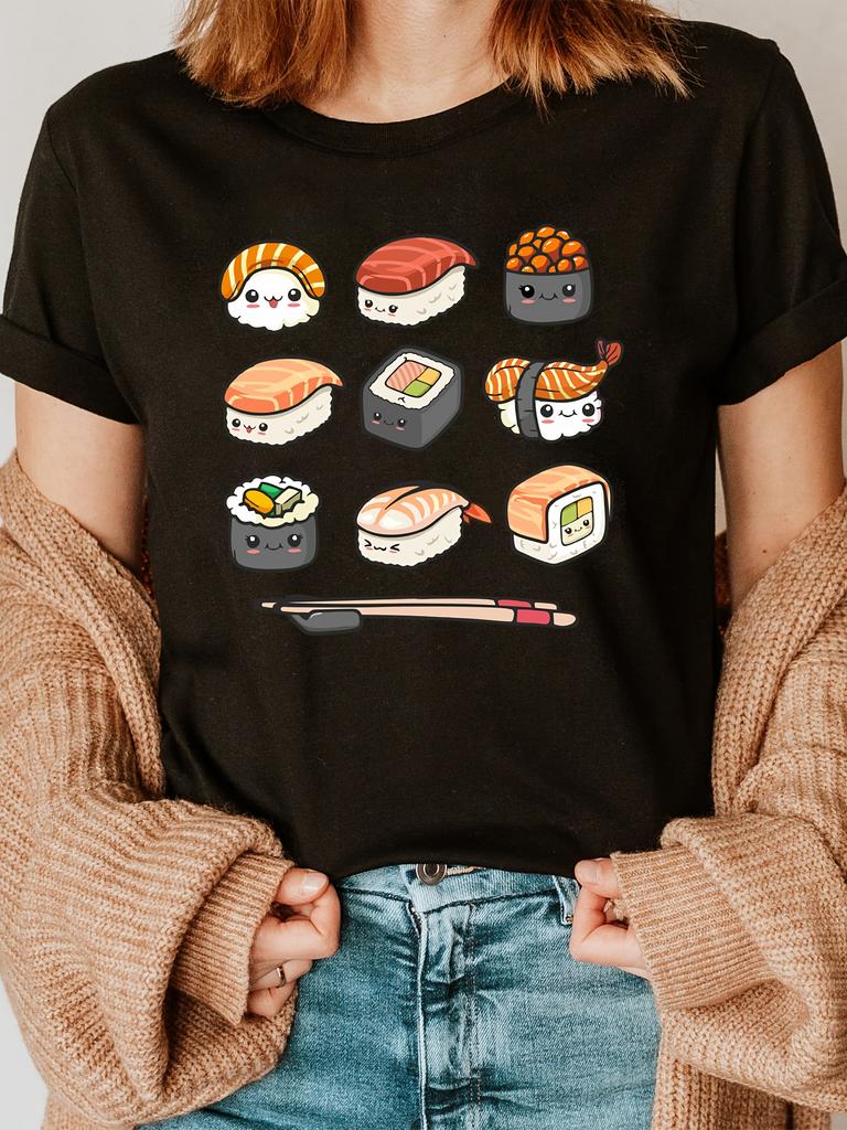 WoSushi Anime Print T-Shirt - Cute Cartoon Sushi Characters Short Sleeve Crew Neck Casual Top Harajuku Short Sleeve Casual
