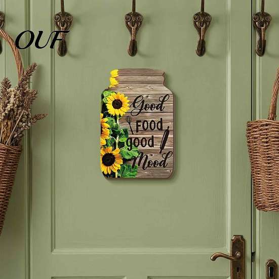 Rustic Pastoral Wall Hanging Mason Jar Shape Decoration, Wooden Art with Sunflower Print, Housewarming Gifts for New Home Retro Decor Farmhouse