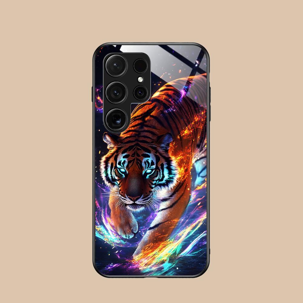 Неоновая чехол-бампер с тигром для мобильного телефона Samsung Galaxy A56 55 54 53 52 51 36 35 34 23 16 15 5G Стеклянный Цветной Чехол Роскошный