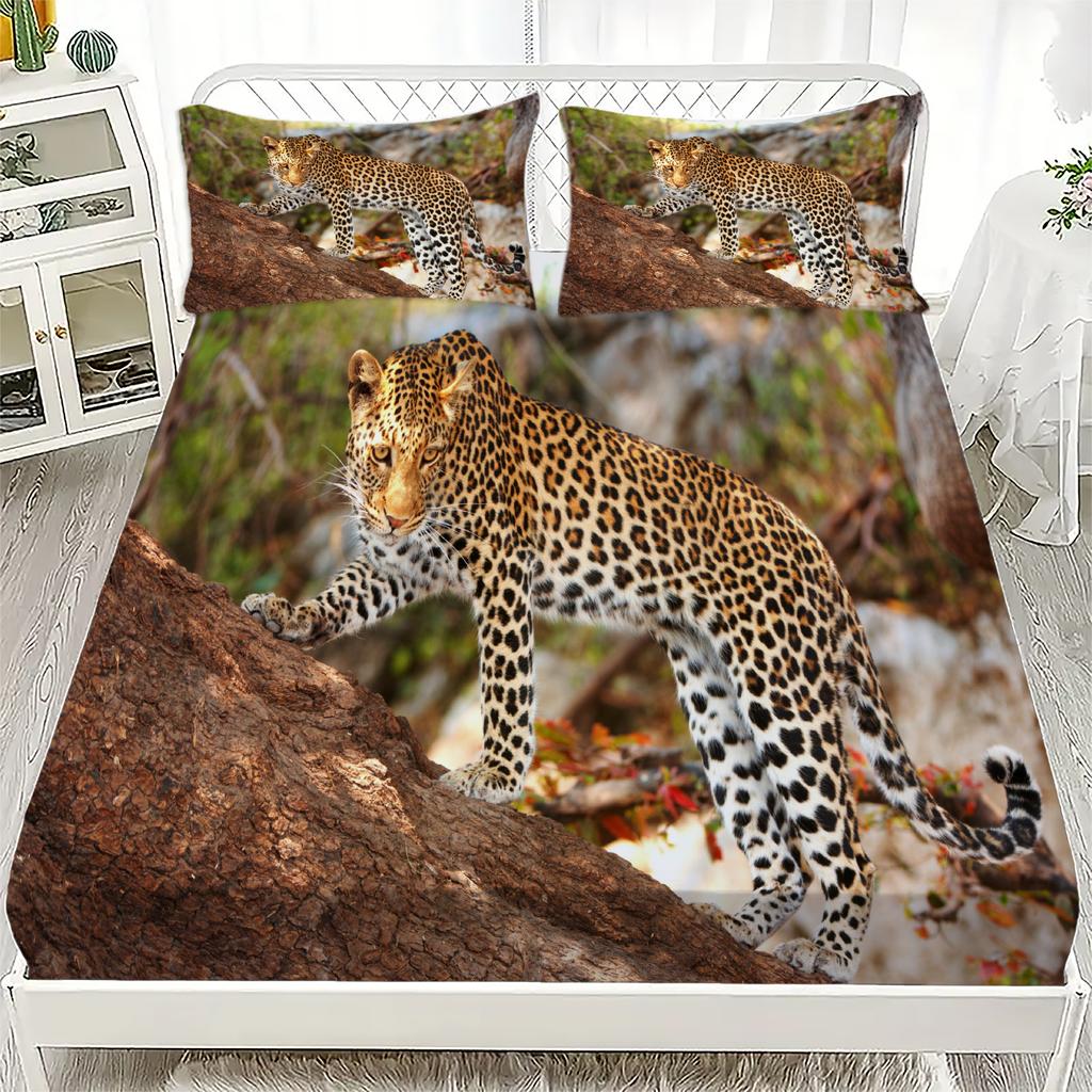 African Savannah Wildlife Style Fitted Sheet Set Soft Breathable Bedding Set Elephant Lion Leopard Printed Mattress Covers
