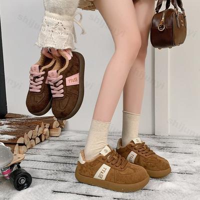 Зимние Винтажные Теплые Низкие Хлопковые Ботинки на Толстой Подошве для Женщин, Блокировка Цвета, Универсальные Плюшевые Удобные Массивные Кроссовки