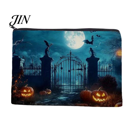 Festive Canvas Makeup Organizer Storage Bag, with Halloween Pumpkin Ghost Print, Smooth Portable Miscellaneous Item Bag Zipper for Travel Cosmetic