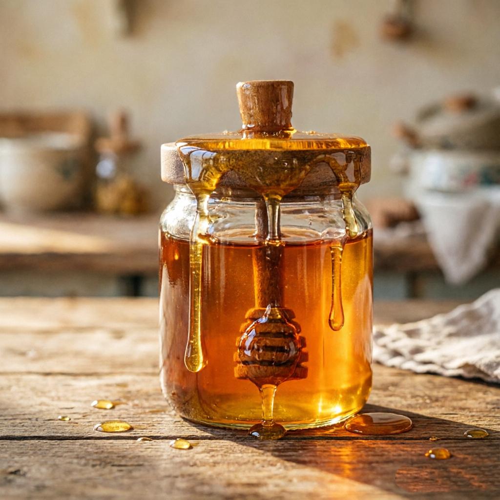 Стеклянный Горшочек для Меда с Деревянной Палочкой-Размешивателем и Крышкой из Акации - Набор Диспенсер для Меда для Кухни Домашнего Декора