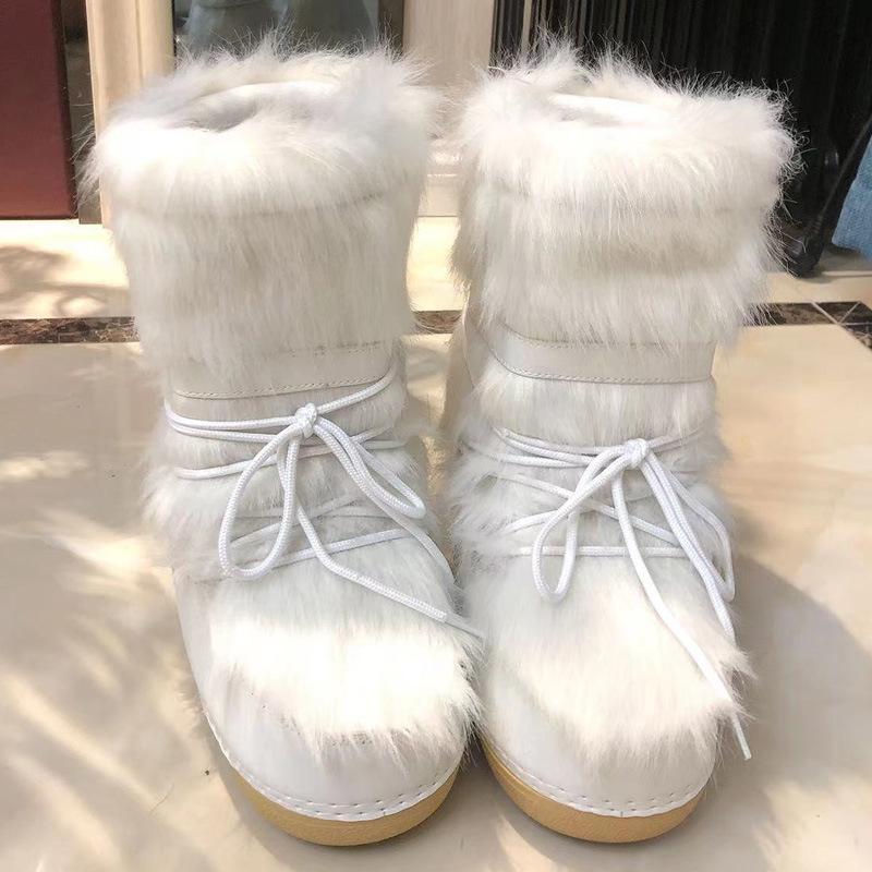Winter Snow Boots Women Ski Boots Fluffy Hairy Lace Up Middle Calf Platform Flat With White Ski Boots