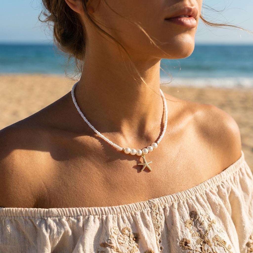 Mermaidcore Gold Color Starfish Choker Pendant Necklace for Women Imitation Pearl Collar Summer Beach Vacation Jewelry Gift