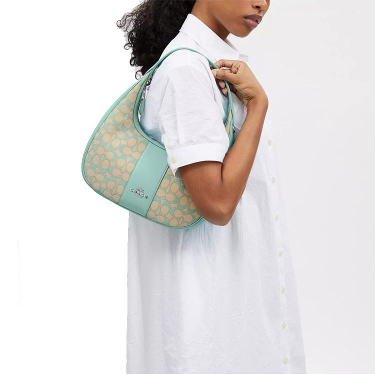 Coach Кармен 29 Signature Жаккард Застежка-молния Гладкая кожа Сумка-тоут Сумка через плечо Большая женская сумка Серебристо-выцветший синий CT765-SVVSW