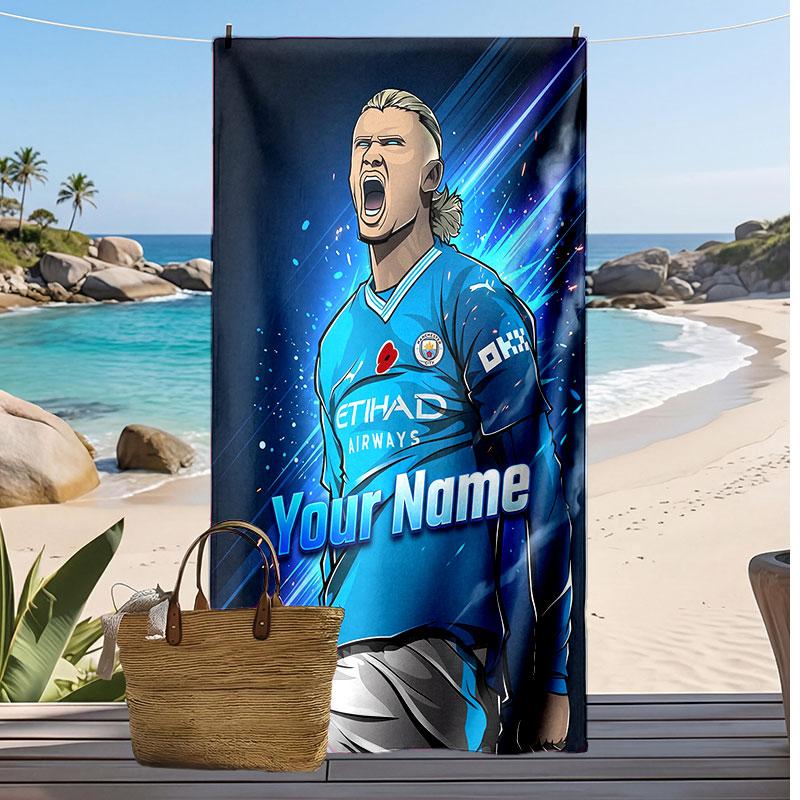 Erling Haaland Personalized Printed Beach Towel Soccer Logo Support Custom Name Text Absorbent Towel For Sport Travel Special Gift