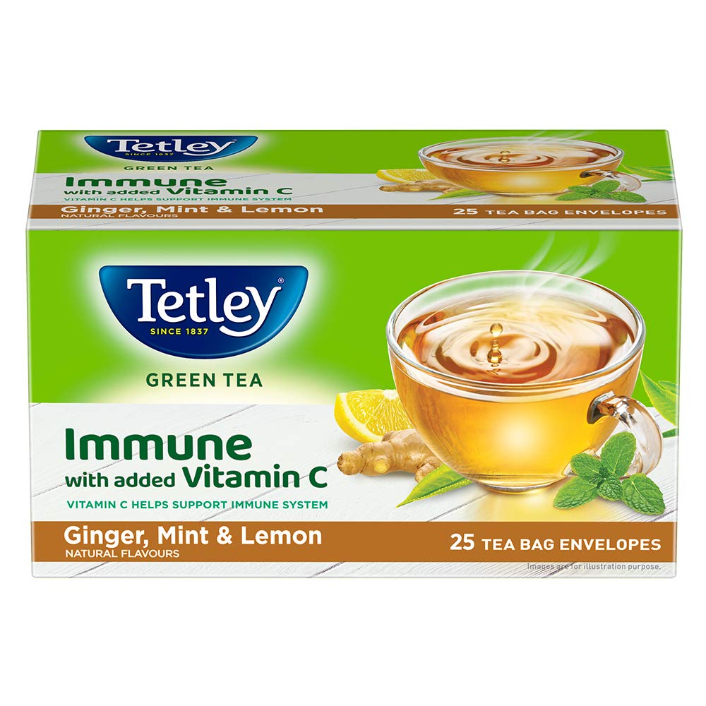 Чай зеленый Tetley Immune 25 чайных пакетиков, витамин С с имбирем, мятой и лимоном, травяной антиоксидантный купаж без кофеина для гидратации и ежедневного хорошего самочувствия