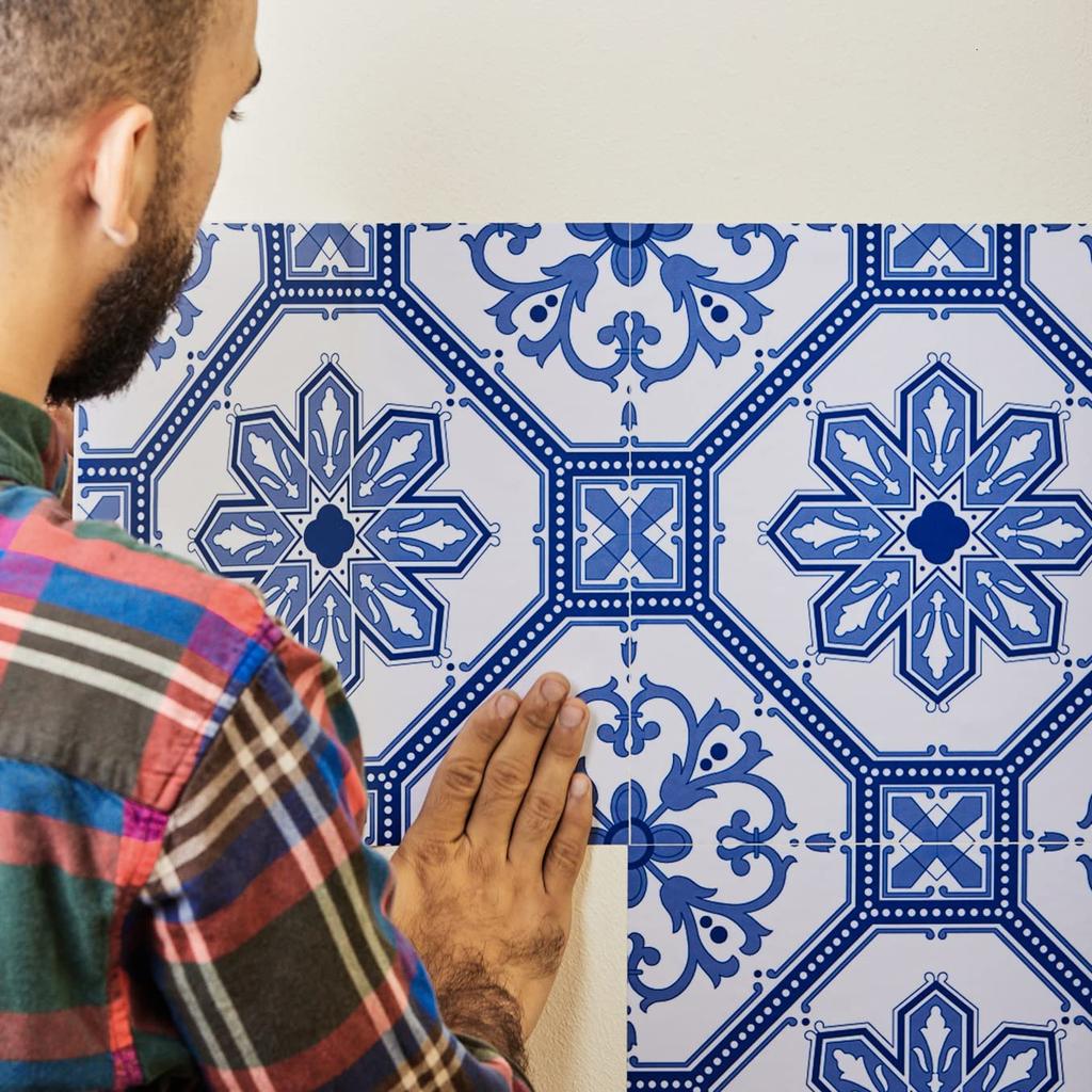 Poromoro Portuguese Spanish Azulejo Tile Stickers Peel and Stick Kitchen Bathroom Mosaic Tile Stickers Set of 16 & (5.9,29)
