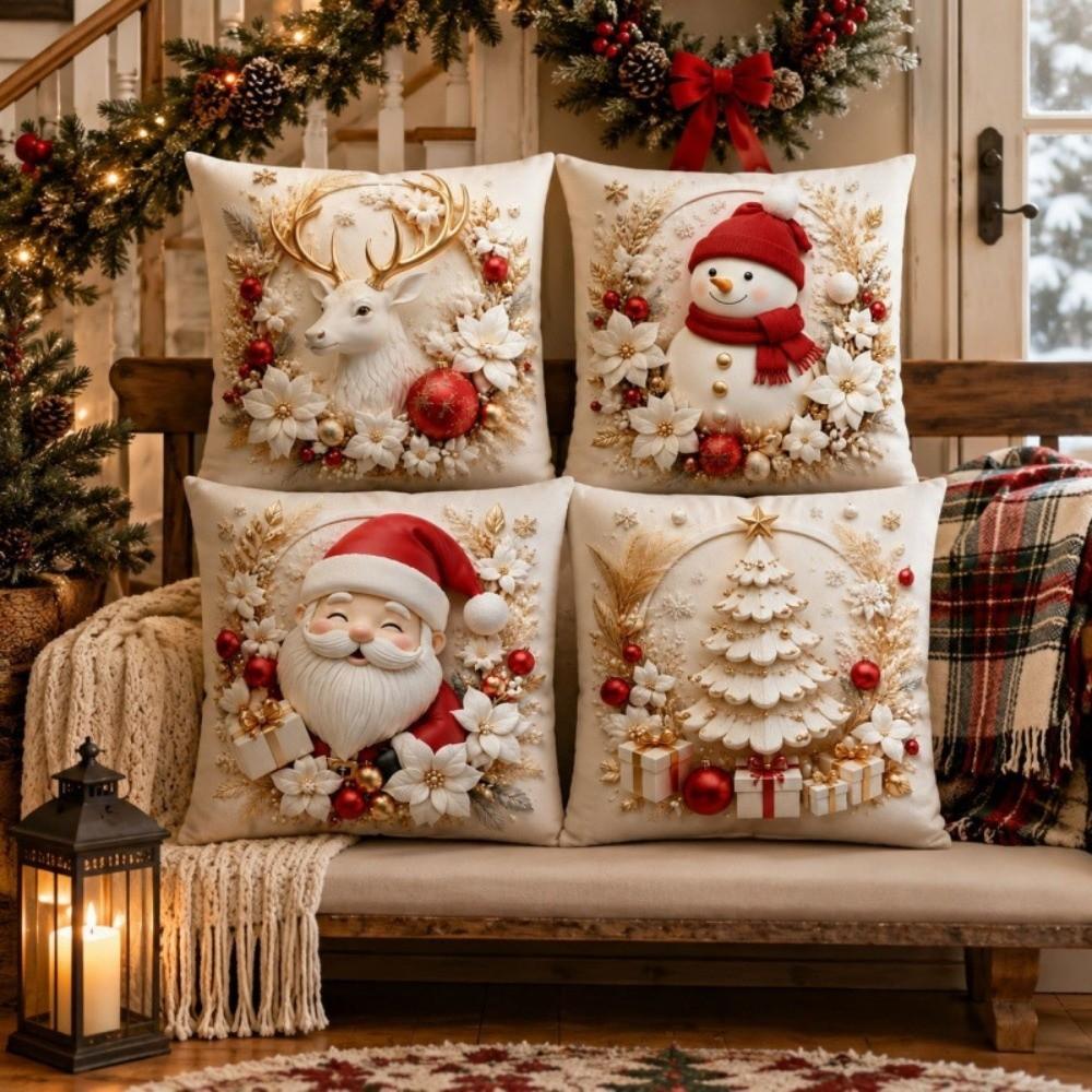 4Pcs Plush Decorative Pillowcase 45*45cm Christmas Pillow Cover Festive Home Decor