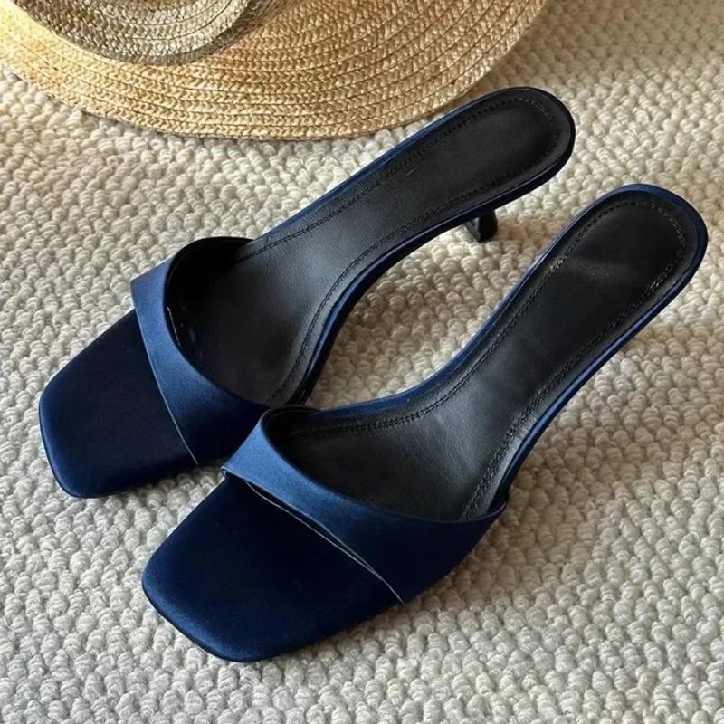 Мода 2024 года, лето, новые женские тапочки с квадратным носком, модные простые туфли на высоком каблуке с открытым носком, повседневные женские сандалии для банкета и вечеринки