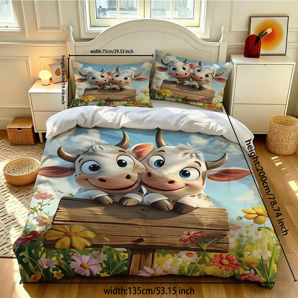 3pcs Cartoon Cute Highland Cow Print Coreless Duvet Cover Set Multiple Sizes Comfortable Bedding Decoration Machine Washable