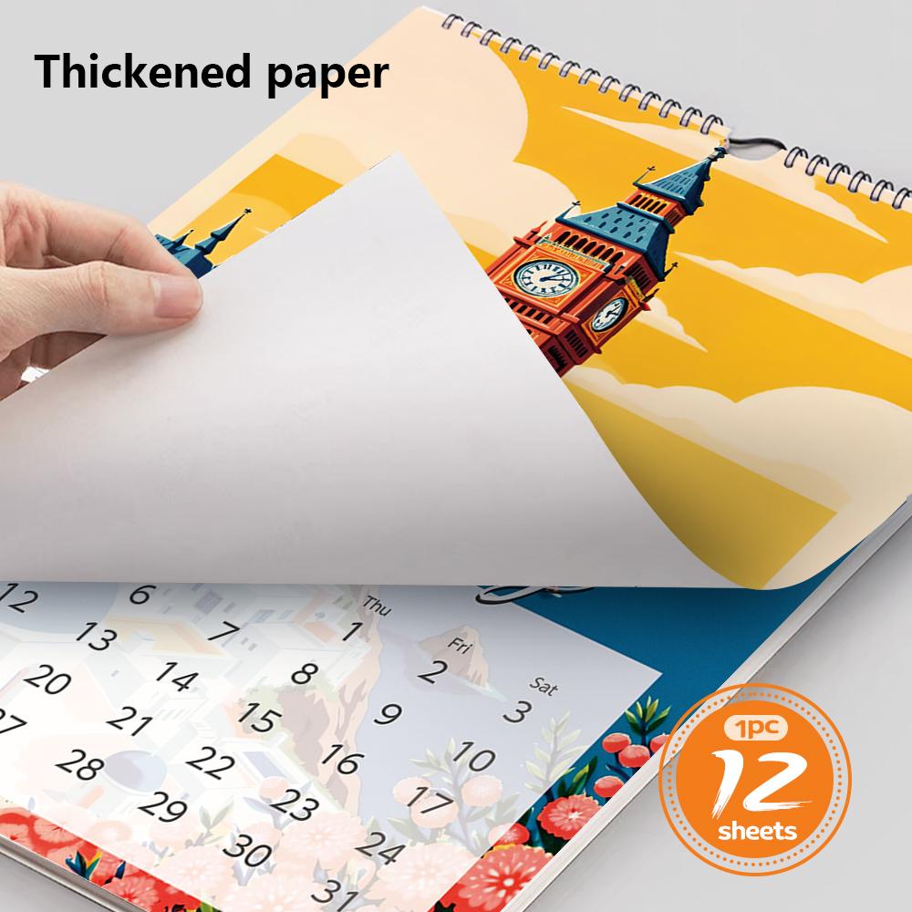 1 шт. 2026 Мультяшный Календарь Настенный с Достопримечательностями - Тема Пейзажей, 12 Разных Дизайнов, Подходит в качестве Подарков на Хэллоуин, Дни рождения