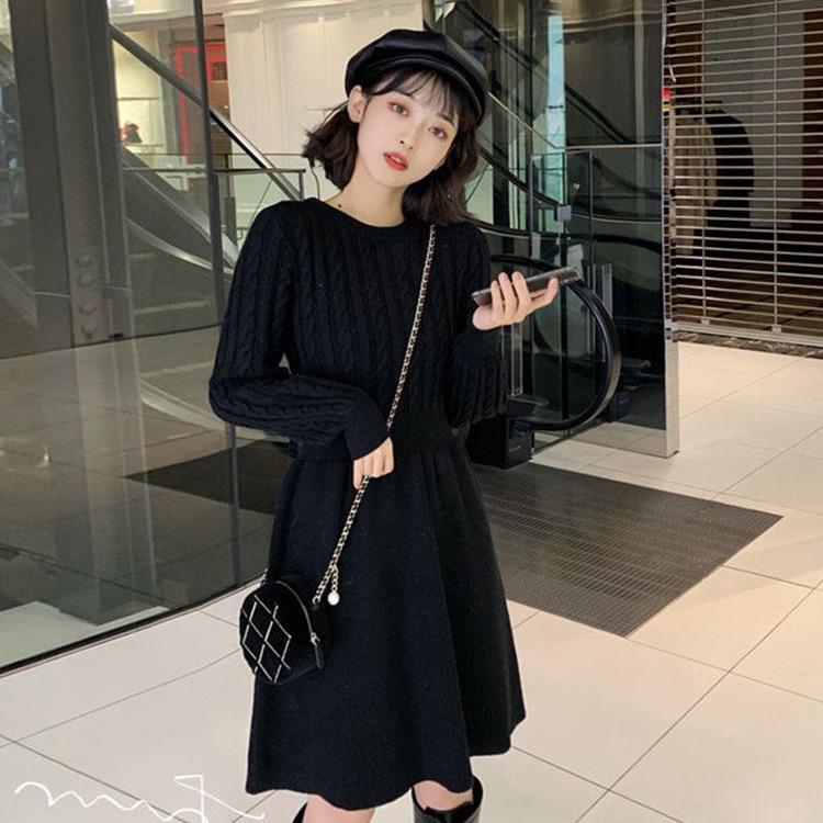 Autumn and Winter Women's Knitted Dress Waisted New Year's War Dress Round Neck Bottoming Twist Sweater Skirt