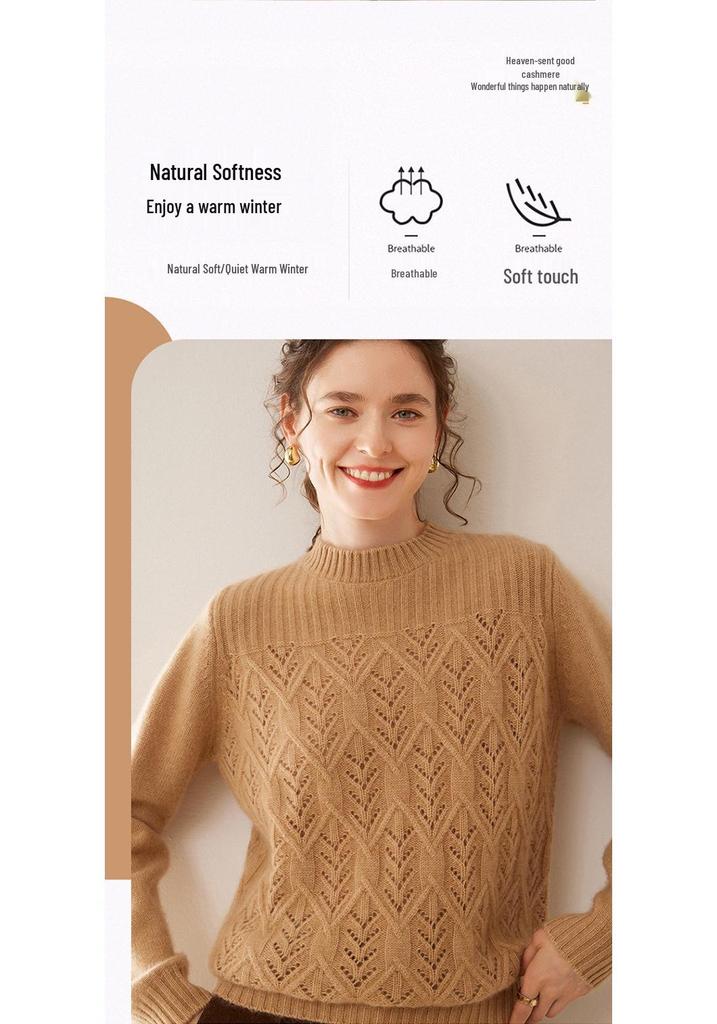 Women's 2025 Autumn/Winter Cashmere Sweater: Half-High Collar, Thick Knitwear, Hollow-Out Design