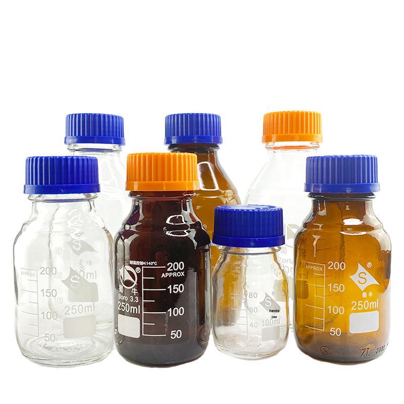 Borosilicate Glass Reagent Bottles: Blue, Yellow, and Brown Caps Included