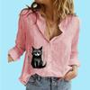 Women Fashion Buttoned Long Sleeve Shirt Ladies Casual Thin Cotton Linen Top Stand-collar Cat Print Long Sleeve Blouse