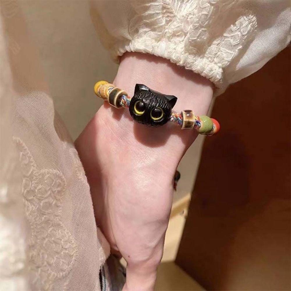 Skull Cat Black Cat Bracelet Colorful String Cartoon Hand Ring Cute Handmade Bead Bracelet  Gift