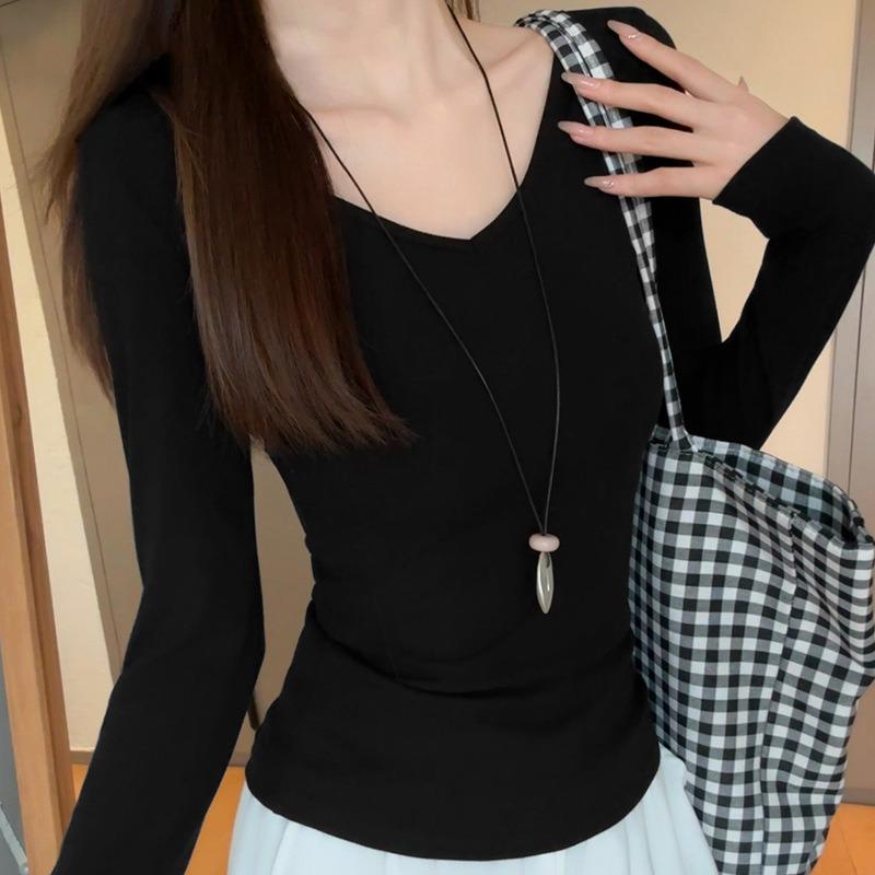 Women S Gray V Neck Long Sleeve Fitted Inner Top For Spring Autumn