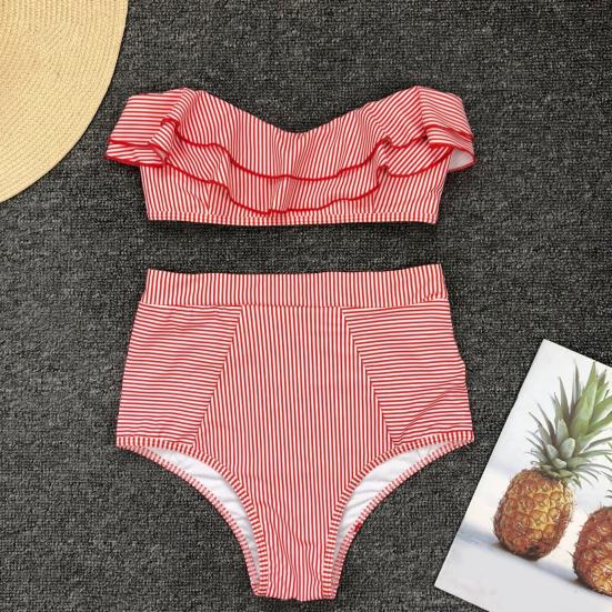 2 Pcs/Set Beach Bikini Set Ruffle Striped Patchwork Tankini High Waist Split Beachwear Elastic Quick-drying Bathing Suit