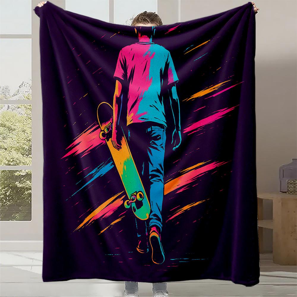 1pc Skateboard Teen Print Fleece Blanket - Heavy-Duty Quilted Plush Bedspread with Neon Skateboarder & Graffiti Design, All-Seas