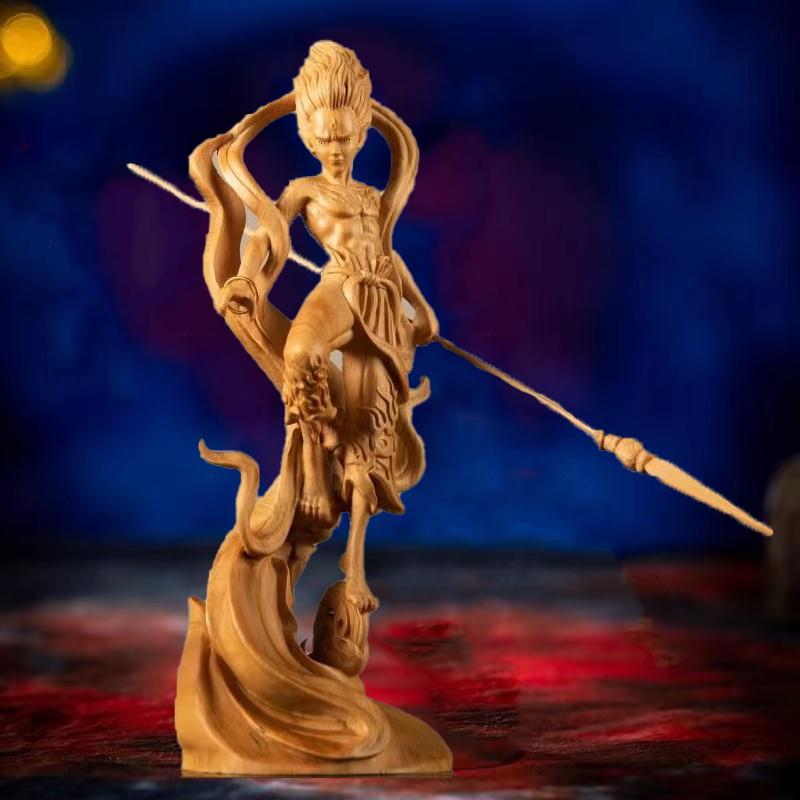 Статуэтка Нежа Принца, резьба по дереву, из натурального массива дерева, фигурки китайской мифологии и аниме, украшение и аксессуары для дома, комнаты, офиса