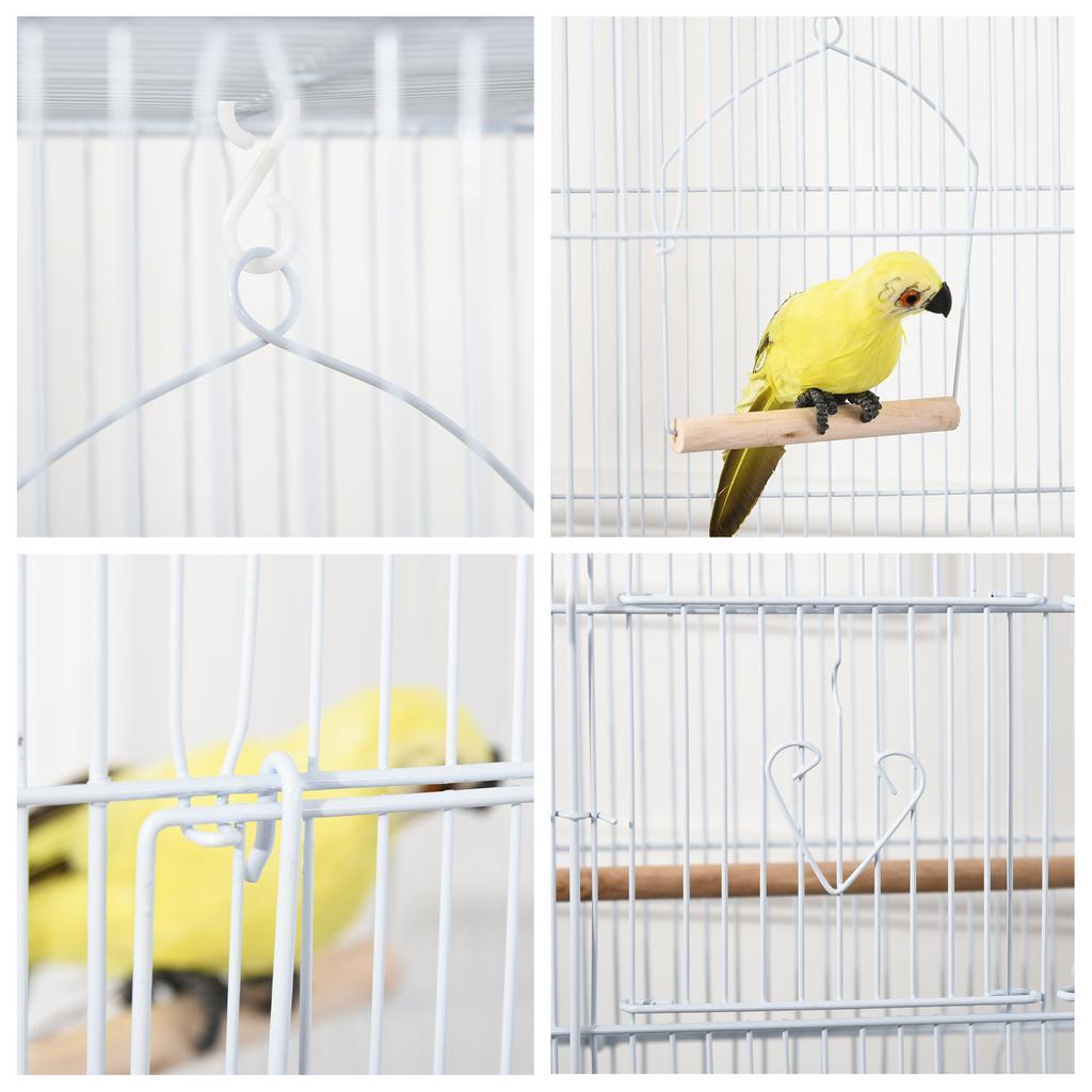 Portable Bird Cage with Handle, Removable Tray and Doors, Budgie Aviary with Wooden Perches, Swing and Food Bowls, 46.5x35.5x92cm, White