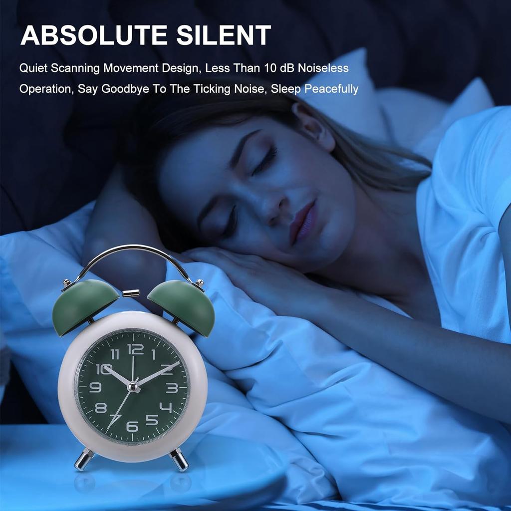 Будильник в стиле ретро с двойным звонком, бесшумный прикроватный будильник без тикания со светящейся подсветкой и ночником для школы-спальни