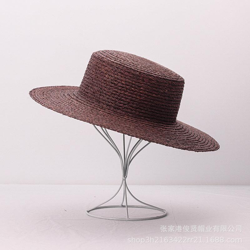 Spring and summer new flat top brown raffia big eave hat women's sunshade rough edge beach straw hat
