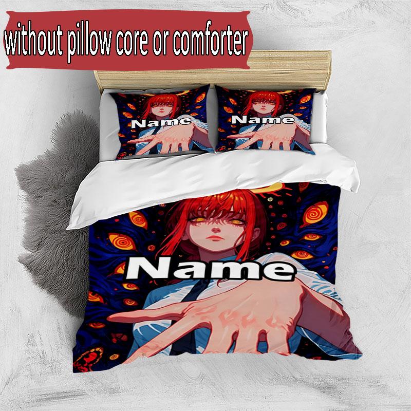 3pcs Duvet Cover Set (1*Duvet Cover + 2*Pillowcase, Without Core), Custom Name Makima Chainsaw Man Pattern Bedding Set, Home Bedroom Decor Gift