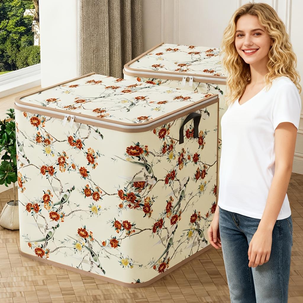 Large Floral Non‑Woven Storage Bag, Foldable Zipper Clothes Organizer for Closet Moving Travel Under‑Bed Storage