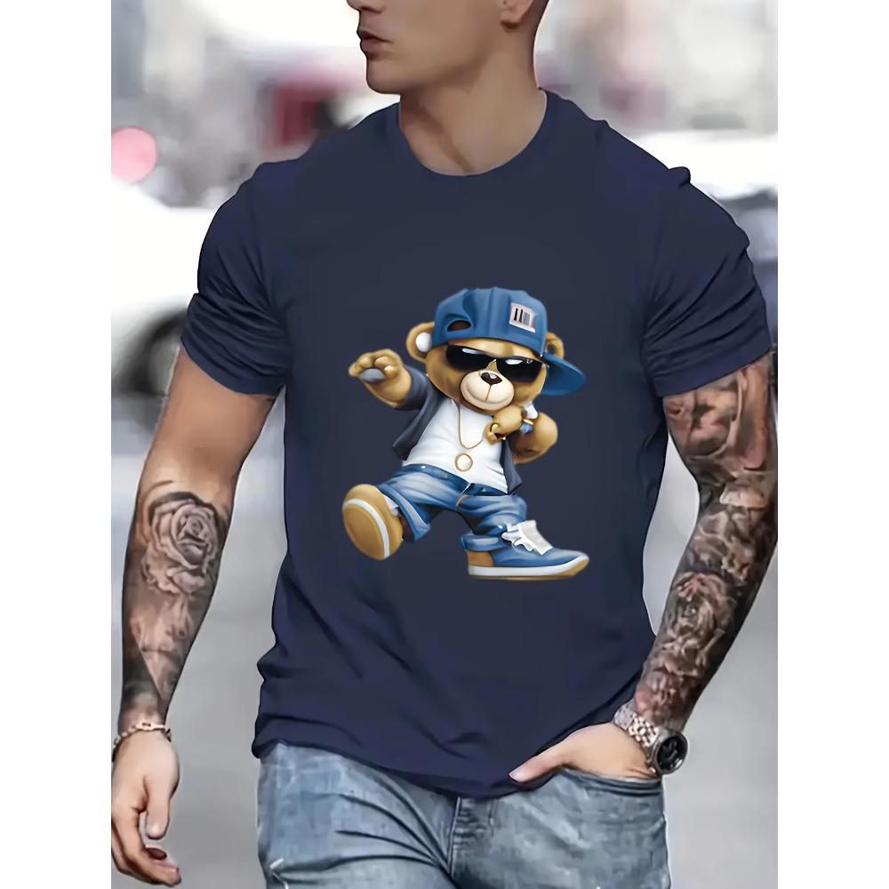 Мужская летняя модная повседневная спортивная футболка свободного кроя из 100 хлопка с принтом в виде мультяшного крутого медведя и круглым вырезом с коротким рукавом